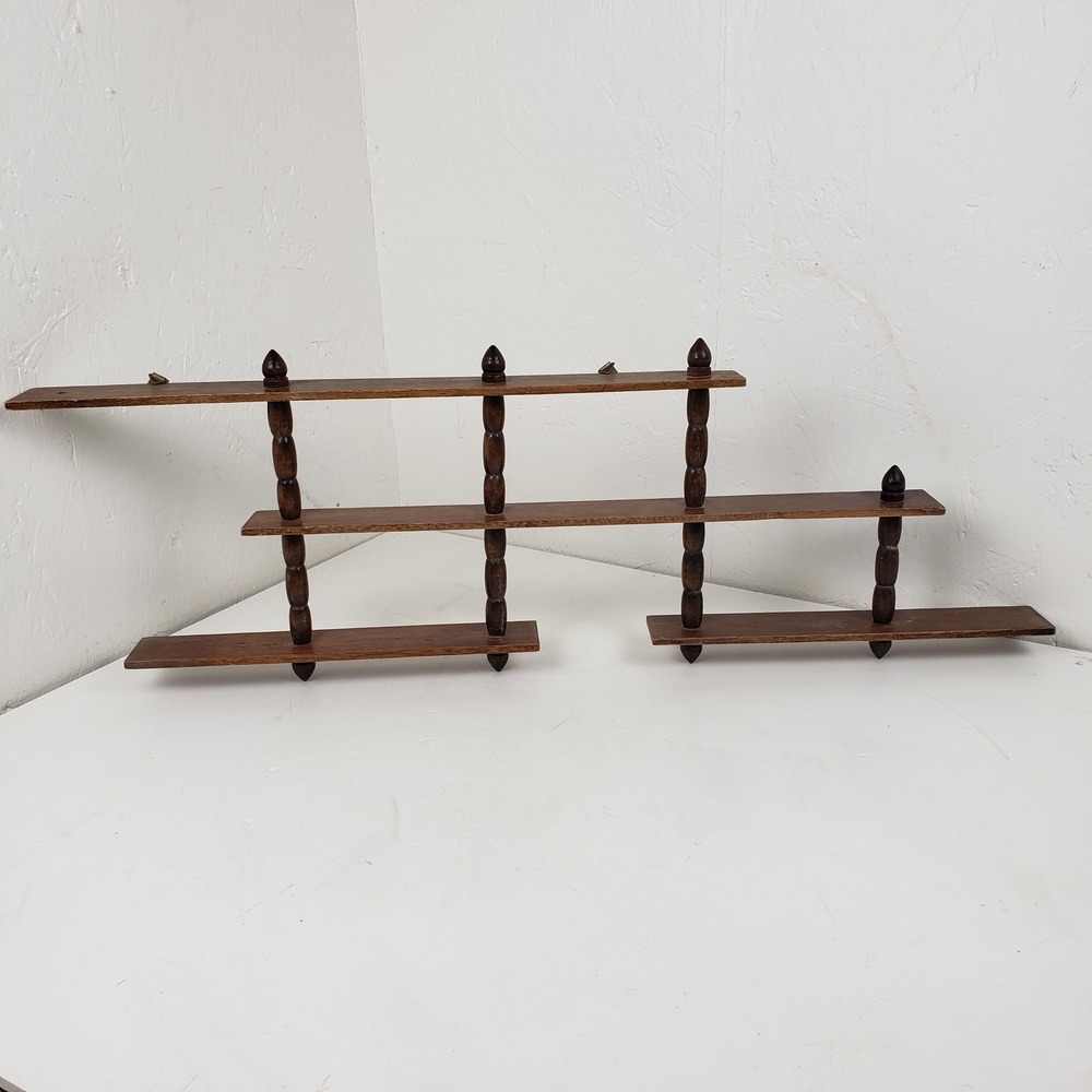 Vtg MCM Wood Spindle Tiered Wall Trinket Knick Knack Shelf Wall Display 27x9"